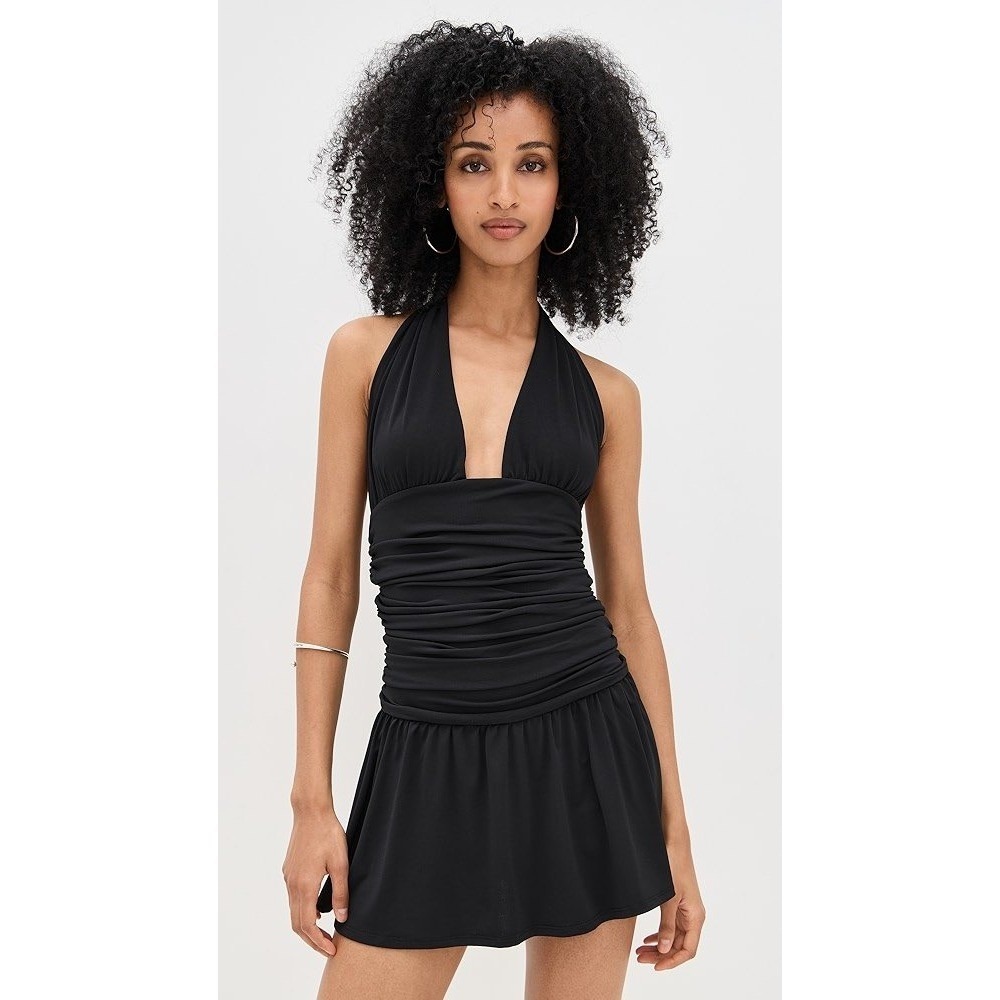 Miaou Natalia Dress Ruched Halter Neck Mini Romper Dress in Black - Size XS